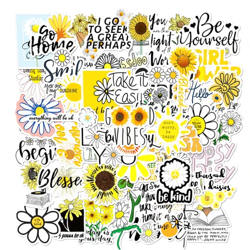 BELLSCHE 50Pcs Sunflower Stickers Decals, Motivational Daisy Stickers, Inspirational Stickers for Hydroflask, Waterproof Laptop Stickers for Kids Teens Adults