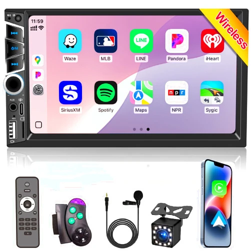 Nideocion Wireless Apple Carplay 7 inch Double Din Car Stereo,IPS Touchscreen,Car Bluetooth 5.2,Car FM Radio,Bakcup Camera,Subwoofer Ports,Car Audio Receiver,Android Auto,Type-C/USB Fast Charging,GPS Navigation