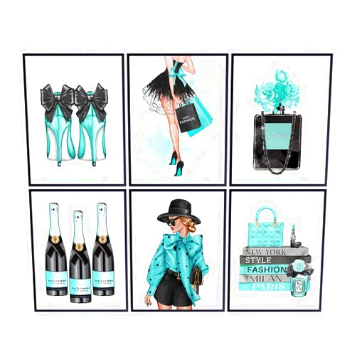 YELLOWBIRD ART & DESIGN Glamour Wall Art for Woman, Girl Bedroom, Teens Room - Designer Handbag, Perfume, Shoes - High Fashion design Gift - Luxury Haute couture Wall Decor Poster print Picture Set - Turquoise Blue Decor