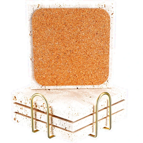 Yiyiring 4 Pcs 4” Diameter Stone Travertine Coaster Set with Holder Stone Drink Coasters Table Coasters Square Stone Set for Coffee Table Wedding Gift