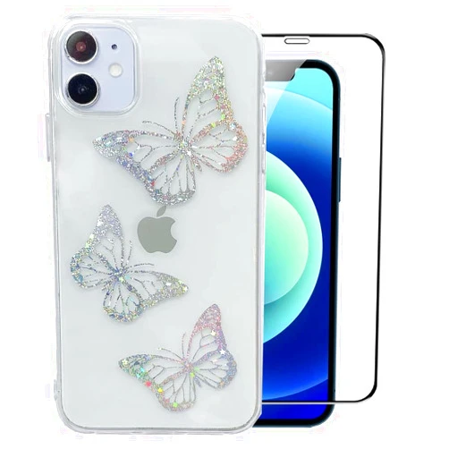 LUSAMYE Compatible with iPhone 12 Pro Max Butterfly Case with Screen Protector,Clear Cute Soft TPU Electroplated Cover Bling Glitter Cool Slim Trendy Pattern for Girl Women iPhone 12 Pro Max