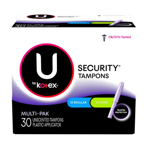 U By Kotex Security Tampons, Multipack Regular/Super Absorbency, Unscented, 30Count (Packaging May Vary), 0.530 Lb