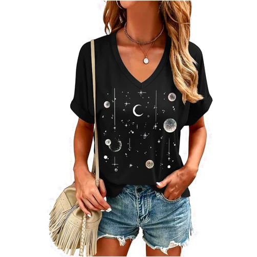 Beopjesk Casual V-Neck Graphic Tees for Women Summer Cute Short Sleeve Holiday Family Match T-Shirt Tops