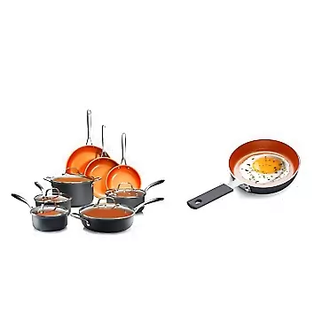 GOTHAM STEEL Pro Hard Anodized Pots and Pans 13 Piece Premium Cookware Set, Brown & Mini Egg and Omelet Pan with Ultra Nonstick Titanium & Ceramic Coating - 5.5