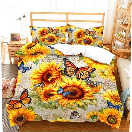 AILONEN Sunflower Duvet Cover Set King Size,Sunflower Bedding Sets Butterfly Comforter Cover Set,Retro Sunflower Printed Yellow Flower Comforter Cover Set 3 Pieces, 1 Quilt Cover and 2 Pillowcases