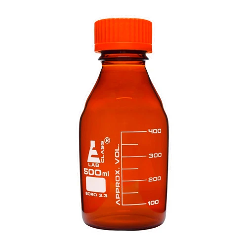 EISCO Reagent Bottle, 500ml - Amber Colored Glass - Orange Screw Cap, Drip Free Pouring Ring - White Graduations - Borosilicate 3.3 Glass