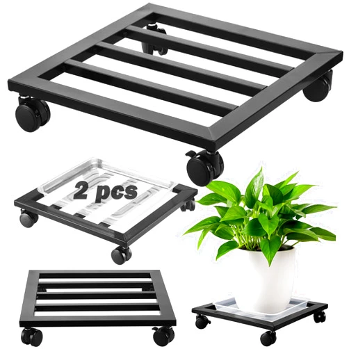 DEELF OUTLET 2 Packs 12 inches Large Metal Plant Caddy with PU Wheels Square Planter Dolly Pot Mover Rollers Wrought Iron Rolling Plant Stands Indoor Outdoor Plant Holder Coaster Trolley, Black