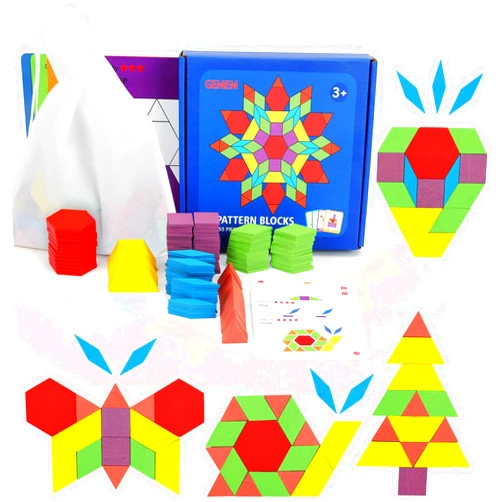GEMEM 155 Pcs Wooden Pattern Blocks Set Geometric Shape Puzzle Kindergarten Classic Educational Montessori Tangram Toys for Kids Ages 4-8 with 24 Pcs Design Cards