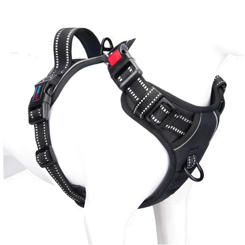 PHOEPET No Pull Dog Harness Medium Reflective Front Clip Vest with Handle,Adjustable 2 Metal Rings 3 Buckles,[Easy to Put on & Take Off](M, Black)