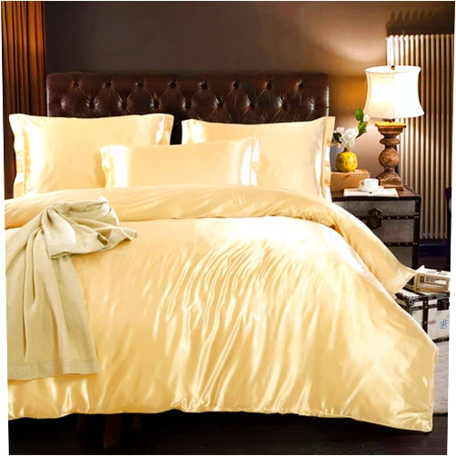 ColorfulMart Light Tan Champagne Luxury Silk Bedding Set. Include Silk Duvet Cover, Silk Pillow Sham and Silk Fitted Sheet. Satin Silk, Silk Blend Fabric. No Comforter or Duvet Insert Included. Full/Queen Size.