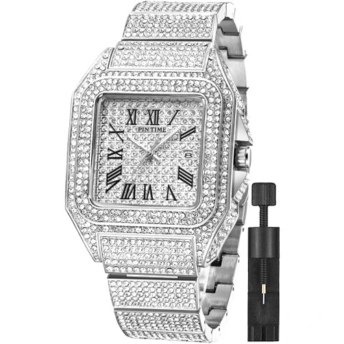 Gosasa Fashion Hip Hop Men's Crystal Watch Bling Bling Watch Rectangle Case Stainless Steel Quartz Analog Bracelet Wristwatch