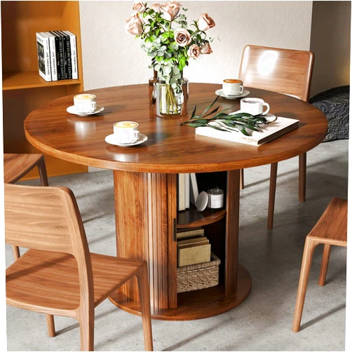 SoarFlash 47 Inch Round Dining Table for 4-6, Circle Farmhouse Kitchen Table with Storage Space, Wood Strip Base for Dining Room, Living Room, Lunch (Dark Brown)