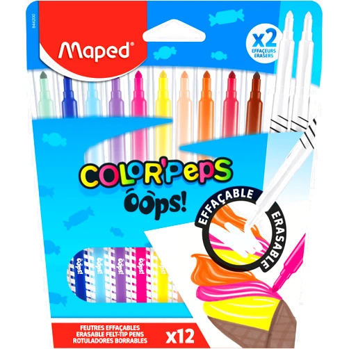 Maped – Colouring felt-tip pens – OOPS erasable felt-tip pens – Medium tip – Bright colours – Cardboard case of 12 felt-tip pens including 2 erasers
