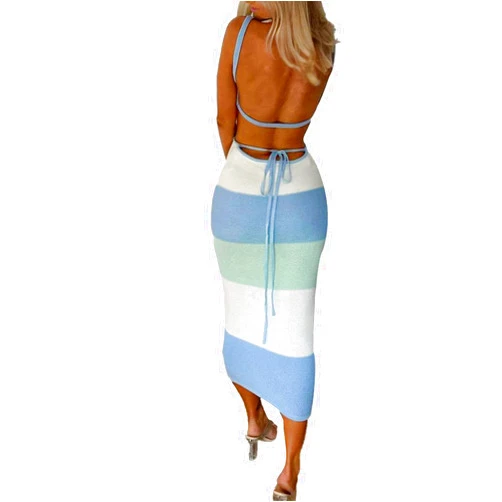 NUFIWI Women Hollow Out Backless Maxi Dress Knitted Spaghetti Strap Bandage Long Dresses Low Cut Bodycon Party Dress