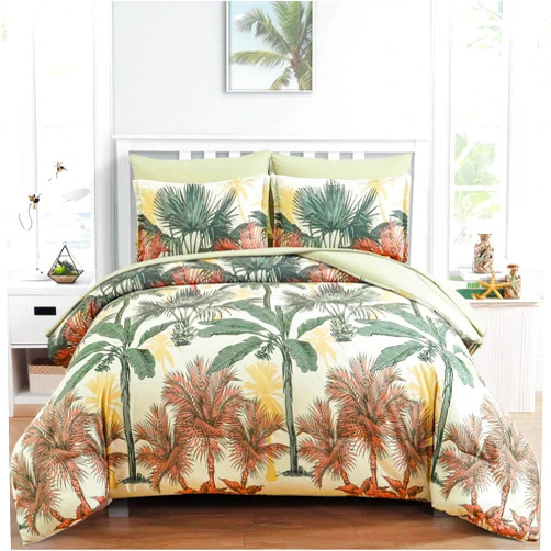 WONGS BEDDING Botanical Comforter Set Queen, 7 Pieces Green Palm Tree Bed in a Bag, Reversiable Soft Microfiber Coastal Beach Bedding with Comforter, Flat Sheet, Fitted Sheet, Pillow Shams Pillowcases