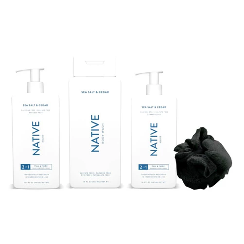 Generic Native 2-in-1 Shampoo & Conditioner, Body Wash, and Loofah Set | Naturally Derived Clean Ingredients (Sea Salt & Cedar - Black Loofah)