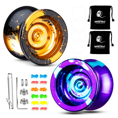 MAGICYOYO Pack of 2 Dual Purpose Yoyo N11 Responsive Yoyo with Unresponsive Bearing for Advanced Player Adults + Removal Bearing Tool + 2 Bags +12 Yoyo Strings - Black Golden+ Purple Blue