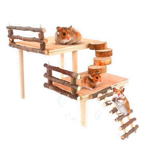 HOSUKKO Hamster Climbing Toys Wooden Two-Tier Hamster Playground Activity Platform with Bridge Apple Wood Chewing Toys for Small Pets (Large)