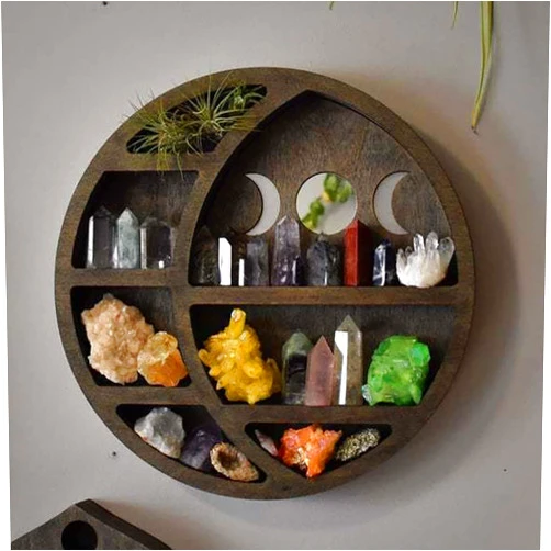 Holyavision Crescent Moon Shelf for Crystals Stone, Essential Oil, Small Plant and Art - Wall, Room, and Gothic Witchy Decor - Moon Phase Rustic Boho Shelfs - Wooden Hanging Floating Shelves - Black