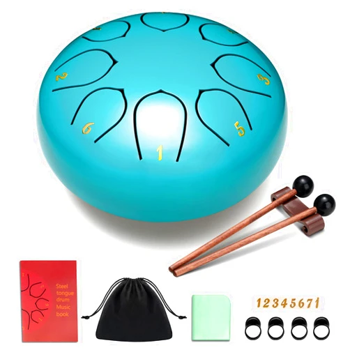 CAHAYA Steel Tongue Drum 6-Inch: 8 Notes Rain Drum Steel with Music Book Handpan Drums Mallets Finger Paddles and Carry Bag for Kids Gift Meditation Blue