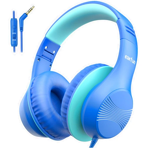 EarFun K3 Kids Headphones, Over Ear Headphones with Microphones, 85/94dB Safe Volume Limit, HD Stereo Sound, 3.5mm Jack, Foldable Wired Headphones for School/Travel/Boys/Girls/Tablet/iPad, Blue