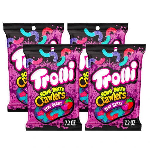Trolli Sour Brite Crawlers Candy, Very Berry Flavored Sour Gummy Worms, 7.2 Ounce (Pack of 4)