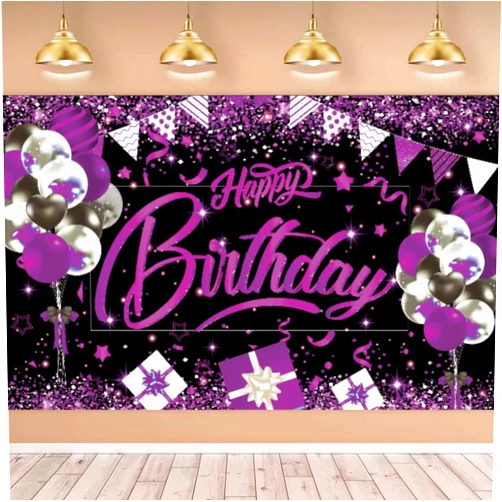 STNFAREBI Happy Birthday Decorations Backdrop,Polyester Photography Backdrop,70.8 x 43.3 Inch,Women Girls Party Decorations Banner,Background Party Supplies (Black and Purple)