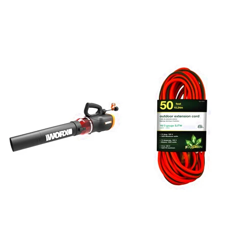 WORX WG520 12 Amp TURBINE 600 Electric Leaf Blower and GoGreen Power GG-13750 16/3 50’ SJTW Outdoor Extension Cord, Lighted End, 50 Ft