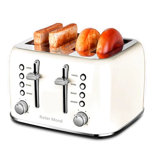 Roter Mond Toaster 4 Slice Retro Stainless Steel with Extra Wide Slots Bagel, Defrost, Reheat Function, Dual Independent Control Panel, Removable Crumb Tray, 6 Browning Levels, Cream White