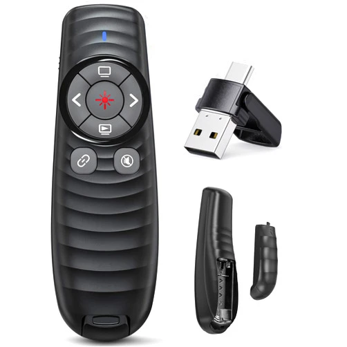 RJAD Presentation Clicker, 2-in-1 USB/Type C Wireless Presenter Clicker for PowerPoint, PPT Remote Control Red Laser Pointer, Slide Show Advancer RF2.4GHz for Mac, Linux, PC/Laptop, Office, Classroom