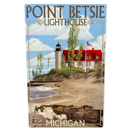 Lantern Press 10x15 Inch Wood Sign, Ready to Hang Wall Decor, Point Betsie Lighthouse, Michigan