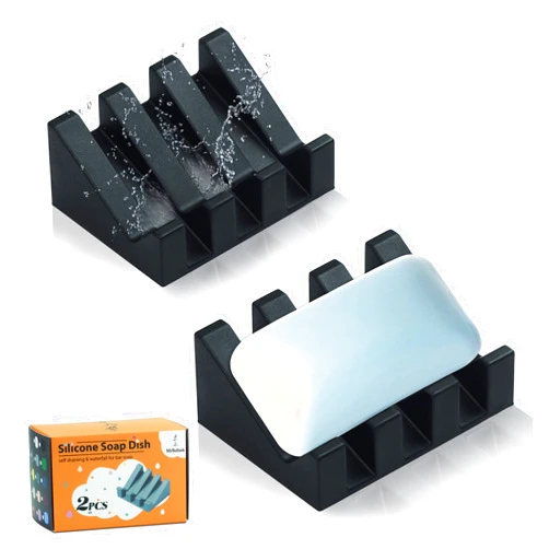 AIXIAOYA Silicone Soap Dish for Bar Soap Holder for Shower Bathroom Self Draining Waterfall Drying Tray Keep Soap Bars Dry Clean & Easy Cleaning (Black*2, 2)