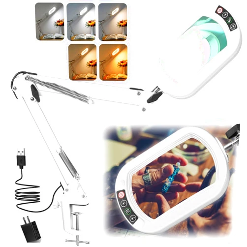 IVMAIE 10X Rectangle Magnifying Glass with Light, 5 Color Modes Stepless Dimmable Magnifier with Stand, LED Lighted Clamp Desk Lamp with Swing Arm, Hands Free for Reading Painting Close Work - White