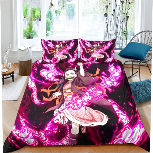 DHONGGY Nezuko Kamado Demon 3D Zenitsu Agatsuma Slayer Duvet Cover 3 Piece Bedding Set,Teen Comforter Cover Set Super Soft Duvet Cover with Pillowcase Twin（173x218cm）