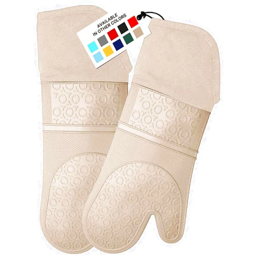 HOMWE Extra Long Professional Silicone Oven Mitt, Oven Mitts with Quilted Liner, Heat Resistant Pot Holders, Flexible Oven Gloves, 1 Pair (Beige, 14.7 inch)