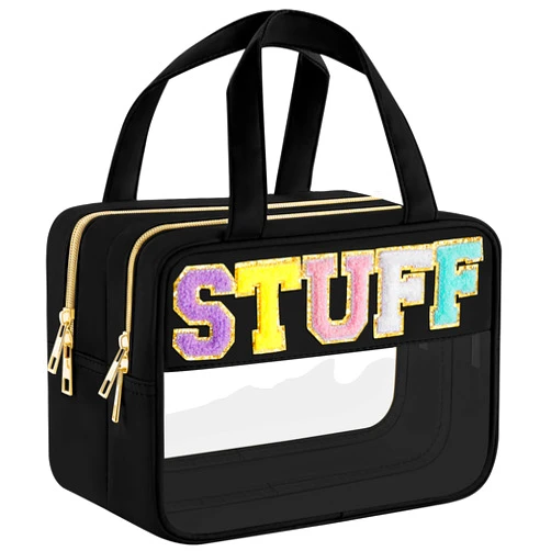 FQQF SIMBOOM Clear Letter Makeup Bag, Black, L Size, Clear Bag