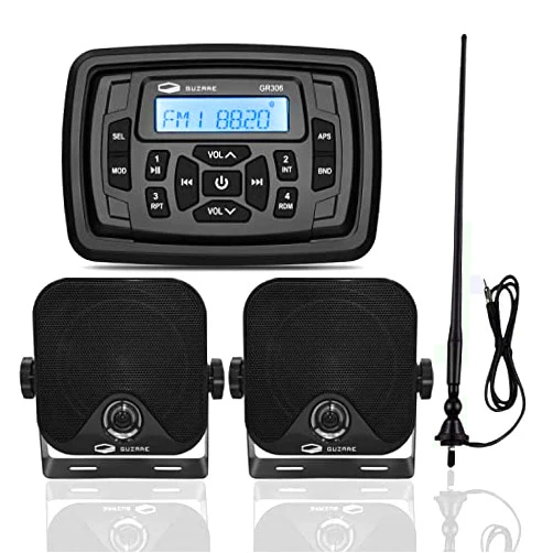 GUZARE Boats Marine Radio Bluetooth and Speakers Audio System Package - Waterproof Marine Stereo Receiver+ 1 Pari 4 inches Black Speakers + Antenna for Boats ATV UTV Motorcycle 306.301B.056B