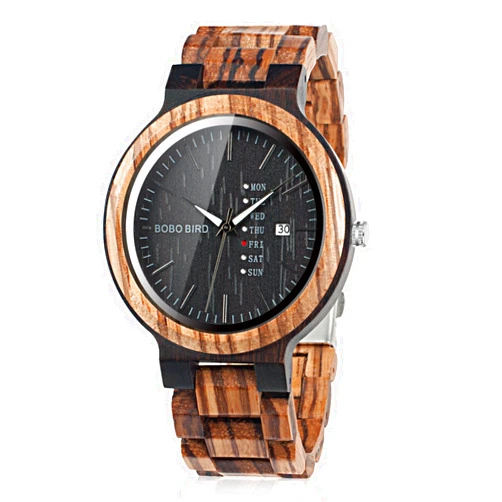 BOBO BIRD Week and Date Multi-Functional Display Men's Zebra Wooden Quartz Watch Lightweight Handmade Casual Wristwatches with Gift Box