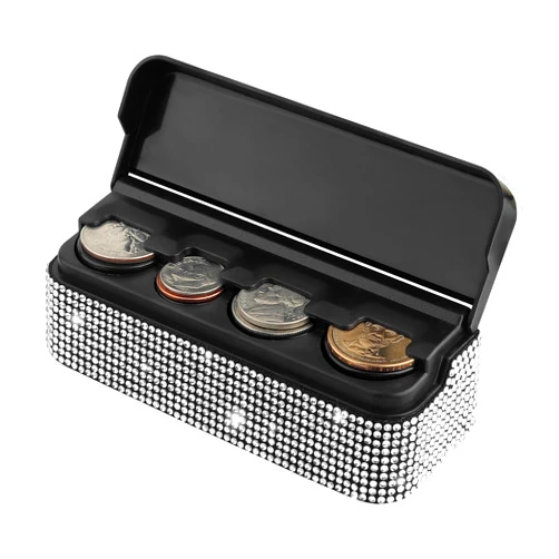 Carleef Bling Coin Holder for Car,4 Compartment Car Organizers and Storage with Rhinestones Compatible with Quarter/Nickel/Pennies/Dimes,Universal Coin Organizer for Car Truck SUV (White)