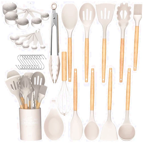 Umite Chef Kitchen Cooking Utensils Set, 33 pcs Non-Stick Silicone Cooking Kitchen Utensils Spatula Set with Holder, Wooden Handle Silicone Kitchen Gadgets Utensil Set (Khaki)