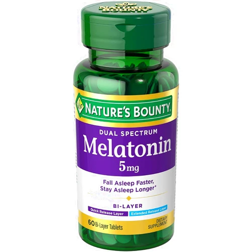 Nature's Bounty Melatonin 5mg Dual Spectrum, 100% Drug Free Sleep Supplement, Quick Release and Extended Release, Promotes Relaxation and Sleep Health, 60 Bi-Layer Tablets