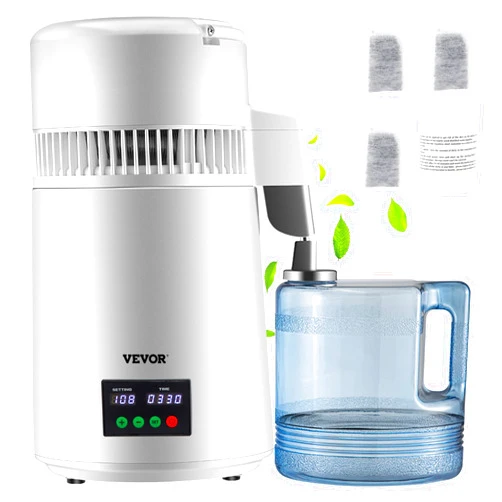 VEVOR 1.1Gal Water Distiller, 0.3Gal/H, Distilled Water Maker Machine 750W 0-99H Timing Set Temp Display, 304 Stainless Steel Countertop Distiller Plastic Carafe Cleaning Powder 3 Carbon Packs, White
