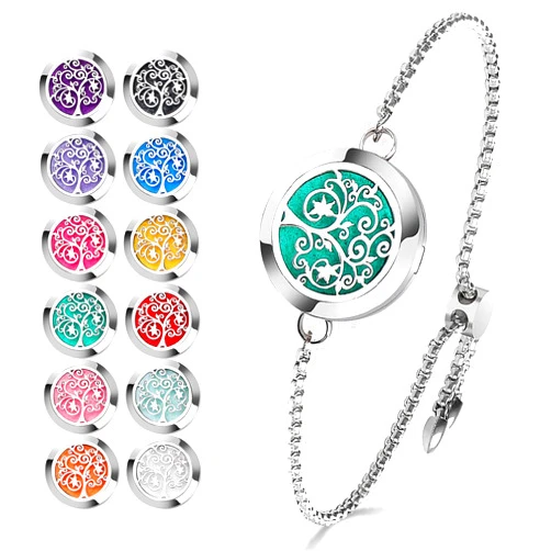 ttstar Essential Oil Diffuser Bracelet Stainless Steel Aromatherapy Locket Adjustable Diffuser Bracelet with 24pcs Refill Pads in 12 Colors Gift Set for Women Girls Mother's Day Christma(Tree of Hope)
