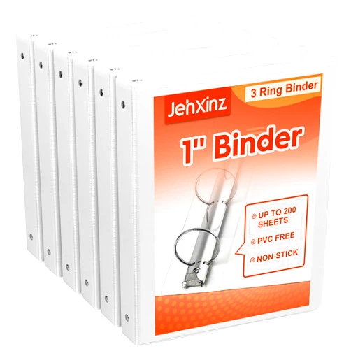 JehXinz 1-inch Basic 3-Ring-Binders with 2 Pockets, 1'' Presentation View Binder Fits US Letter Size 8.5'' x 11'' Paper - White Binders for Office/Home/Back to School Use, Pack of 6
