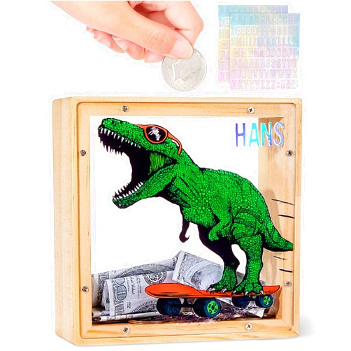 ICOSY Wooden Piggy Bank for Kids Boys Girls, DIY Name Coin Bank Unicorn Dinosaur Money Bank with Letter Stickers