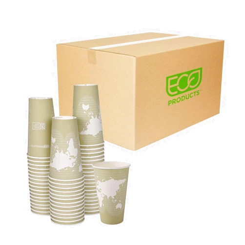 ECO PRODUCTS Compostable Disposable World Art 16oz Large Coffee Cups, Case of 1000, Renewable Hot Paper Cup, Plant Based PLA Lining, Color Coded