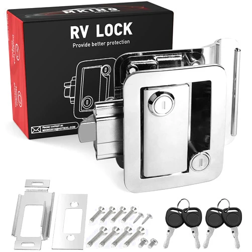 MKING RV Door Lock, Camper Door Lock, RV Entry Door Latch, Travel Trailer Door Latch Zinc Alloy Lock Replacement Kit for Trailer Camper Cargo Hauler, Silver