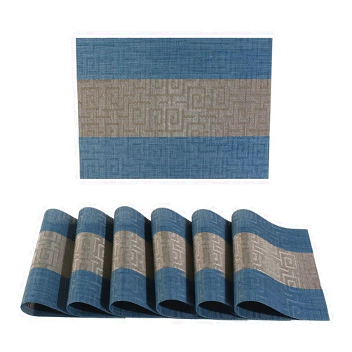 FAVE Placemats Set of 6 Indigo Blue Woven with Gray Placemats Durable and Wipeable Vinyl Placemats Heat Resistant Table Mats Set of 6 High Texture Place Mats for Kitchen Table（Indigo Blue）