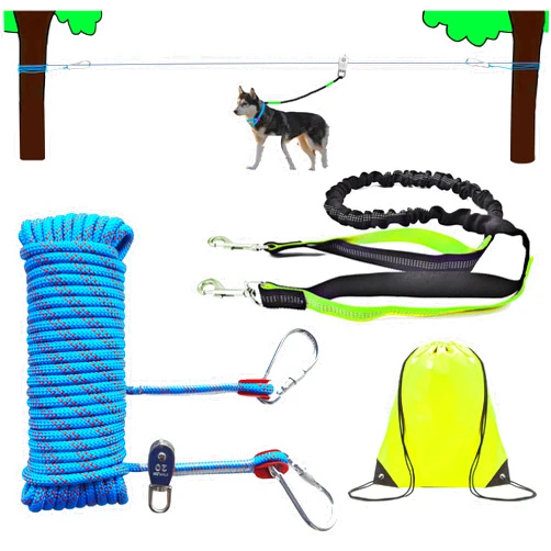 SIAELT Dog Tie Out Cable for Camping, Dog Trolley System, 4ft Bungee Leash for Dogs Up to 250lbs (Blue, 50Ft)