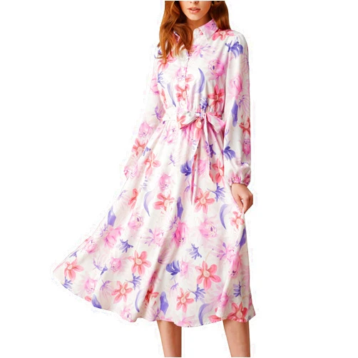 GRACE KARIN Women Floral Collar Shirt Dress Elegant Lantern Long Sleeve Casual Vacation Beachwear